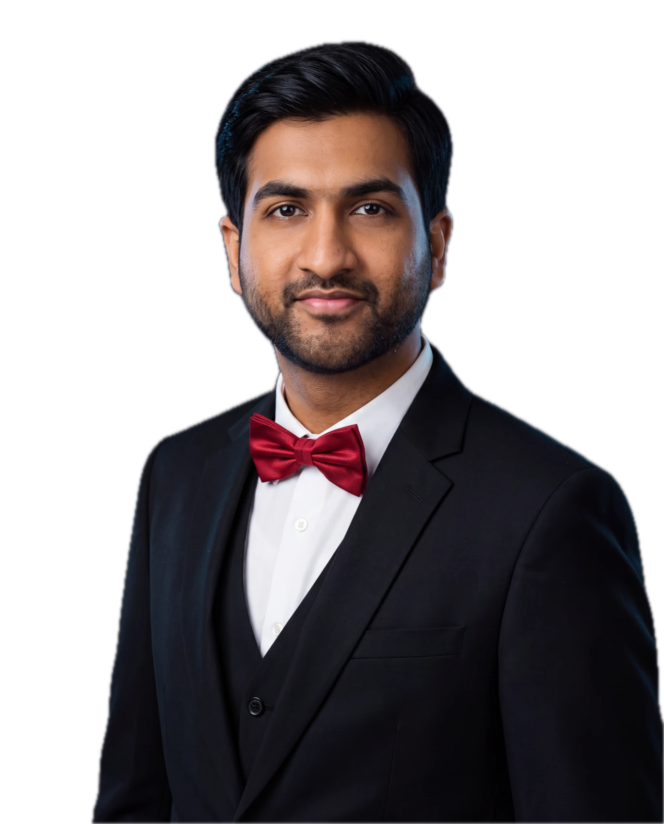 Vamsi Reddy in a black three-piece suit and red bow tie