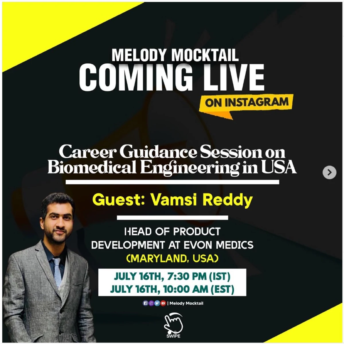 Melody Mocktail Instagram Live session poster featuring Vamsi Reddy